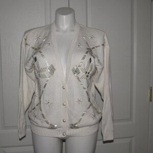 VICTORIA JONES Button Front Long Sleeve V-Neck Ramie Cotton White Sweater Size L